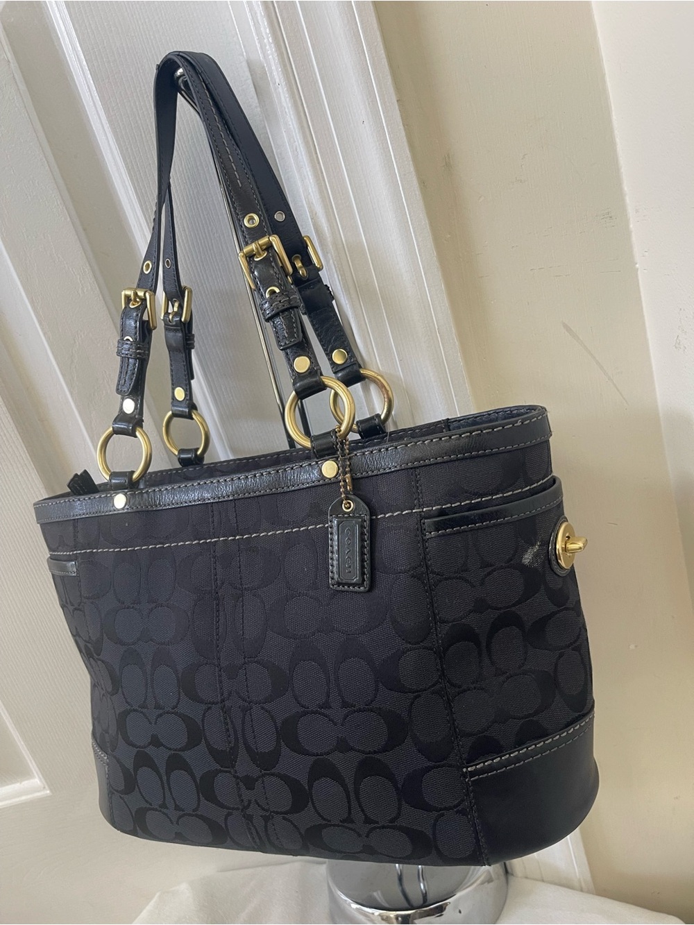 Coach Black Signature Monogram Tote with Gold Hardware